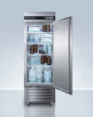 Accucold ARS23ML 23 Cu.Ft. Upright Pharmacy Refrigerator, 2 to 10ºC with open door displaying various containers on a light gray background
