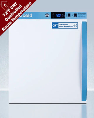 White Accucold ARS2PV-CRTLHD 2 Cu.Ft. Compact Controlled Room Temperature Cabinet with blue accents and digital display on a light gray background