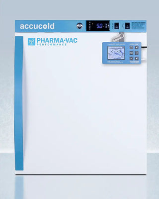Accucold ARS2PVDL2B 2 Cu.Ft. Compact Vaccine Refrigerator, 2 to 8ºC on a light blue background