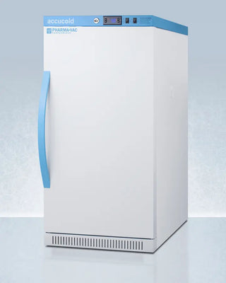 White Accucold ARS32PVBIADA 2.83 Cu.Ft. Vaccine Refrigerator, 2°C to 8ºC with blue accents on a light gray background