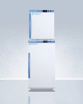 White Accucold ARS32PVBIADA-AFZ1PVSTACK 20" Wide All-Refrigerator/All-Freezer Combination with blue accents on a light gray background