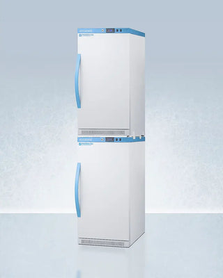 White Accucold ARS32PVBIADA-AFZ2PVBIADASTACK 20" Wide All-Refrigerator/Freezer Combination with blue accents on a light gray background