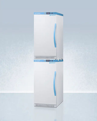 White Accucold ARS32PVBIADA-AFZ2PVBIADASTACKLHD 20" Wide All-Refrigerator/Freezer Combination with blue accents on a light gray background