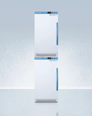 White Accucold ARS32PVBIADA-AFZ2PVBIADASTACKLHD 20" Wide All-Refrigerator/Freezer Combination with blue accents on a light gray background