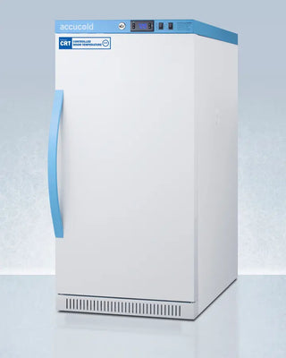 White Accucold ARS32PVBIADA-CRT 2.83 Cu.Ft. Upright Controlled Room Temperature Cabinet with blue accents on a light blue background