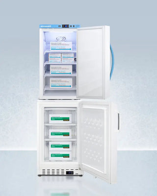 Accucold ARS3PV-ADA305AFSTACK 20" Wide Vaccine Refrigerator/Freezer Combination with open door displaying shelves and products on a light blue background