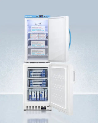 Accucold ARS3PV-ADA305AFSTACK 20" Wide Vaccine Refrigerator/Freezer Combination with open door displaying shelves and products on a light blue background