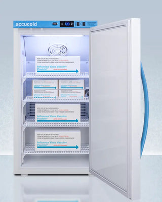 Accucold ARS3PV-CRT 3 Cu.Ft. Counter Height Controlled Room Temperature Cabinet with vaccine boxes labeled 'accu cold' on a light blue background