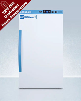 White Accucold ARS3PV-CRT 3 Cu.Ft. Counter Height Controlled Room Temperature Cabinet with blue accents on a light gray background, featuring accucold branding.