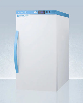 White Accucold ARS3PV456 3 Cu.Ft. Counter Height Vaccine Refrigerator with blue accents and Accucold branding on a light gray background