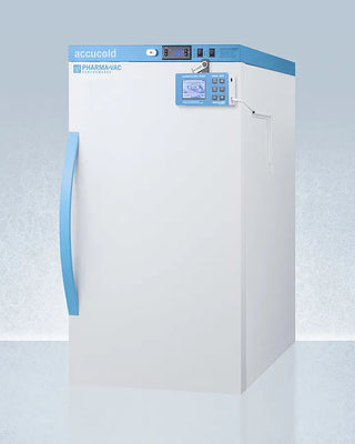 White Accucold ARS3PVDL2B 3 Cu.Ft. Counter Height Vaccine Refrigerator with blue accents on a light blue background