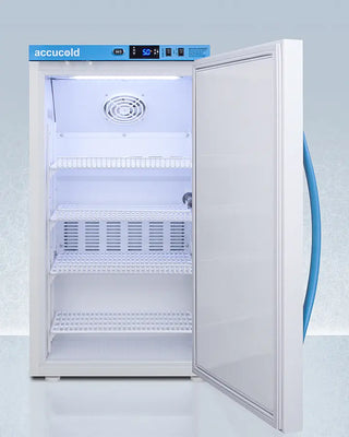 Accucold ARS3PVDL2B 3 Cu.Ft. Counter Height Vaccine Refrigerator with open door on a light blue background