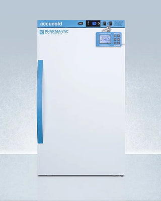 White Accucold ARS3PVDL2B 3 Cu.Ft. Counter Height Vaccine Refrigerator with blue accents and 'accucold' branding on a light gray background