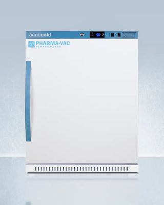 White and blue Accucold ARS62PVBIADA 6 Cu.Ft. Vaccine Refrigerator with 'accucold' and 'Pharma-Vac' branding on a light blue background