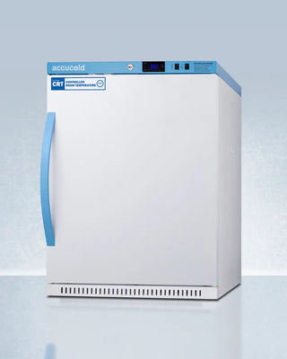 Accucold ARS62PVBIADA-CRT 6 Cu.Ft. Upright Controlled Room Temperature Cabinet with blue accents on a light gray background