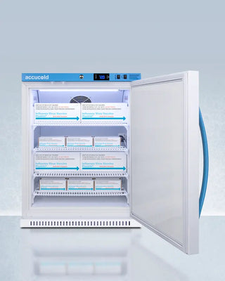 Accucold ARS62PVBIADA-CRT 6 Cu.Ft. Upright Controlled Room Temperature Cabinet with open door displaying labeled shelves on a light blue background