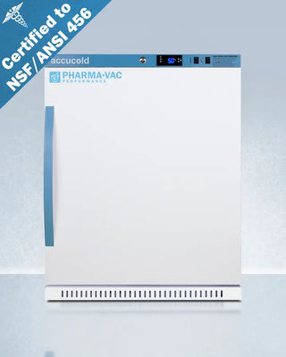 White Accucold ARS62PVBIADA456 6 Cu.Ft. ADA Height Vaccine Refrigerator with blue accents on a light gray background, featuring accucold and Pharma-Vac branding.
