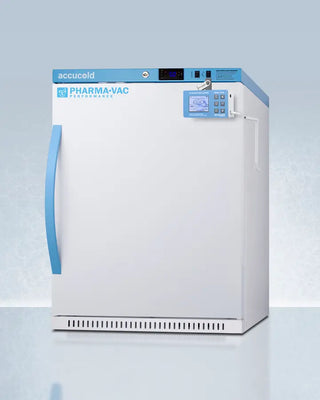 White Accucold ARS62PVBIADADL2B 6 Cu.Ft. Vaccine Refrigerator with blue accents and 'Pharma-Vac' branding on a light blue background