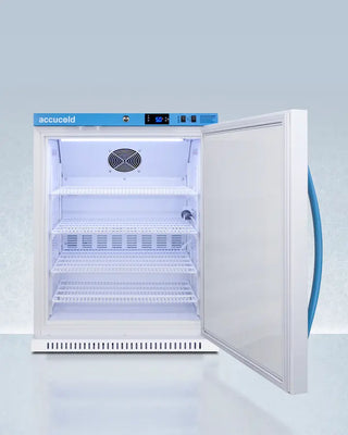 White Accucold ARS62PVBIADADL2B 6 Cu.Ft. Vaccine Refrigerator with open door on a light blue background, featuring the brand 'Accucold'.