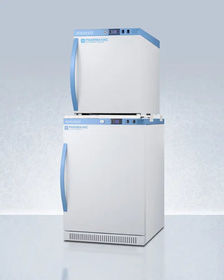 White Accucold ARS6PV-AFZ1PVSTACK 24" Wide All-Refrigerator/Freezer Combination with blue accents on a light gray background