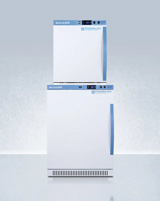 Accucold ARS6PV-AFZ1PVSTACKLHD 24" Wide All-Refrigerator/Freezer Combination with blue accents on a light gray background, featuring the 'Accucold' brand.