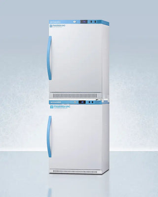 Accucold ARS6PV-AFZ5PVBIADASTACK 24" Wide All-Refrigerator/Freezer Combination with blue handles on a light gray background