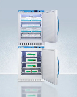 Accucold ARS6PV-AFZ5PVBIADASTACK 24" Wide All-Refrigerator/Freezer Combination with open doors on a light blue background