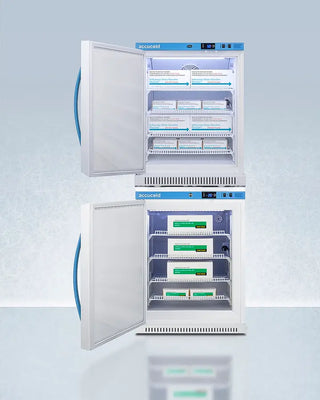 Accucold ARS6PV-AFZ5PVBIADASTACKLHD 24" Wide All-Refrigerator/Freezer Combination with open doors on a light blue background