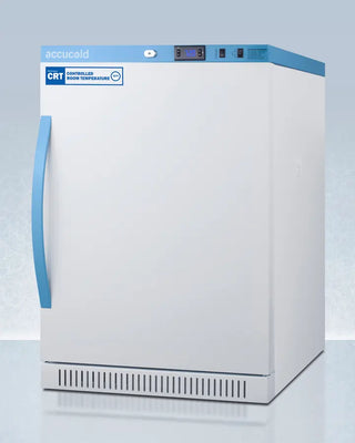 White Accucold ARS6PV-CRT 6 Cu.Ft. ADA Height Upright Controlled Room Temperature Cabinet with blue accents on a light gray background