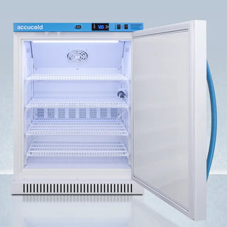 Accucold ARS6PV-CRT 6 Cu.Ft. ADA Height Upright Controlled Room Temperature Cabinet with open door on a light blue background