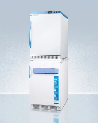 White Accucold ARS6PV-VT65MLSTACKMED2 24" Wide All-Refrigerator/All-Freezer Combination with blue accents on a light gray background