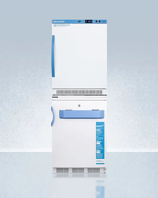Accucold ARS6PV-VT65MLSTACKMED2 24" Wide All-Refrigerator/All-Freezer Combination with blue accents on a light gray background