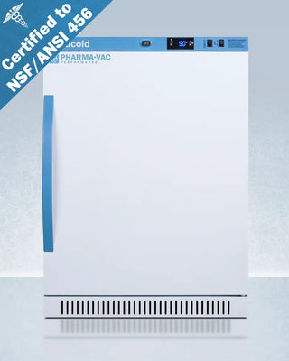 White Accucold ARS6PV456 6 Cu.Ft. ADA Height Vaccine Refrigerator with blue accents on a light gray background, featuring NSF/ANSI 456 certification text.