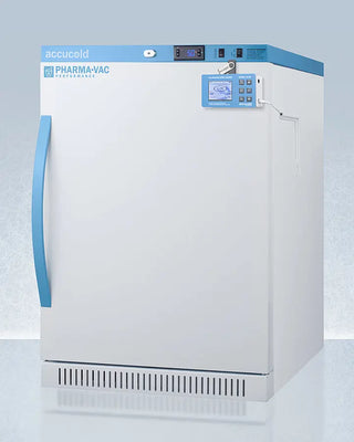 White and blue Accucold ARS6PVDL2B 6 Cu.Ft. ADA Height Vaccine Refrigerator with digital display on a light gray background