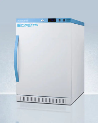 White Accucold ARS6PVDR 6 Cu.Ft. ADA Height Vaccine Refrigerator with Removable Drawers with blue accents and 'Pharma-Vac' branding on a light gray background