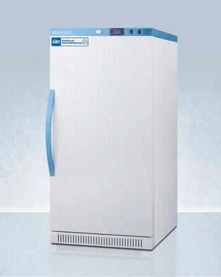White Accucold ARS8PV-CRT 8 Cu.Ft. Upright Controlled Room Temperature Cabinet with blue accents on a light blue background