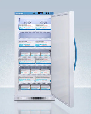 Accucold ARS8PV-CRT 8 Cu.Ft. Upright Controlled Room Temperature Cabinet with open door displaying labeled shelves on a light blue background