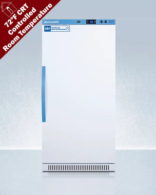 Accucold ARS8PV-CRT 8 Cu.Ft. Upright Controlled Room Temperature Cabinet with blue handle on a light gray background, featuring 'accuCold' branding.