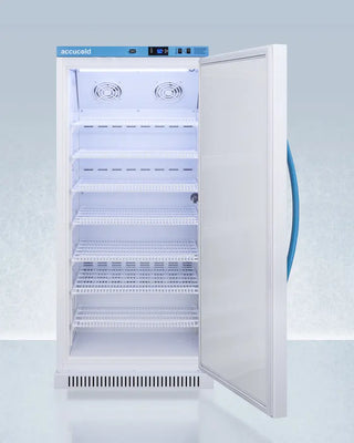 Accucold ARS8PV456 8 Cu.Ft. Upright Vaccine Refrigerator with open door on a light blue background