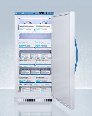 Accucold ARS8PVDL2B 8 Cu.Ft. Upright Vaccine Refrigerator with labeled shelves on a light blue background