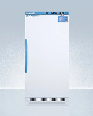 White Accucold ARS8PVDL2B 8 Cu.Ft. Upright Vaccine Refrigerator with blue accents on a light gray background