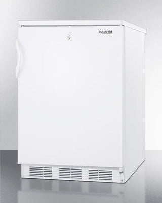 White Accucold CT66LW 24" Wide Refrigerator-Freezer, 5.1 cu.ft. with 'Accucold' branding on a gray background