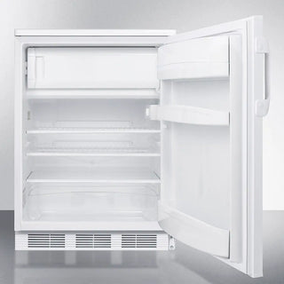 White Accucold CT66LW 24" Wide Refrigerator-Freezer, 5.1 cu.ft. with open door on a white background