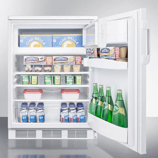 Open Accucold CT66LW 24" Wide Refrigerator-Freezer, 5.1 cu.ft. with various food items and drinks inside