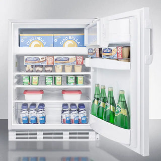 Open Accucold CT66LWADA 24" Wide Refrigerator-Freezer with various food items and drinks on a white background