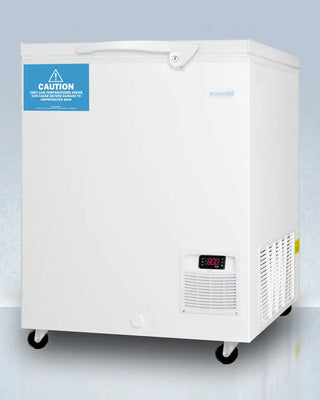White Accucold LAB11R9 4.8 Cu.Ft. -85ºC Ultra Low Chest Freezer with a blue warning label on a light gray background