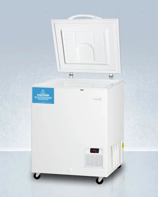 White Accucold LAB11R9 4.8 Cu.Ft. -85ºC Ultra Low Chest Freezer with open door on a light gray background