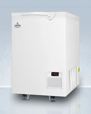 White Accucold LAB8 3 Cu.Ft. -85ºC Ultra Low Chest Freezer with digital display on a light blue background