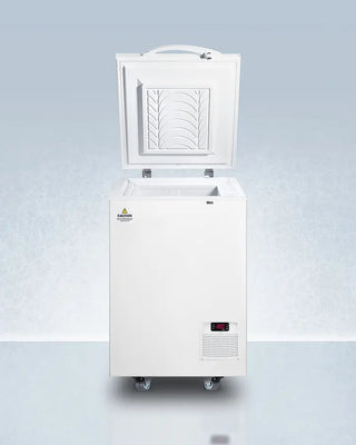 White Accucold LAB8 3 Cu.Ft. -85ºC Ultra Low Chest Freezer with open door on a light gray background