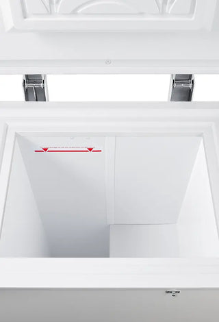 White Accucold LAB8 3 Cu.Ft. -85ºC Ultra Low Chest Freezer with a red line indicating a measurement on a white background